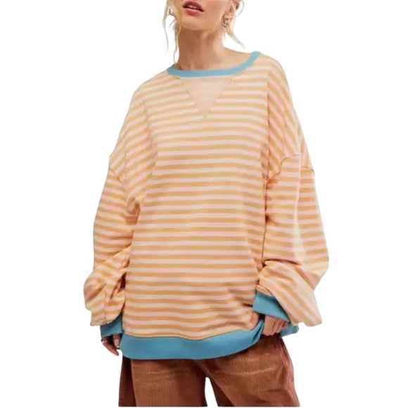 We The Free Classic Striped Crew Sweatshirt Sweater Brown Blue Size L #1662 NWT - Picture 3 of 9